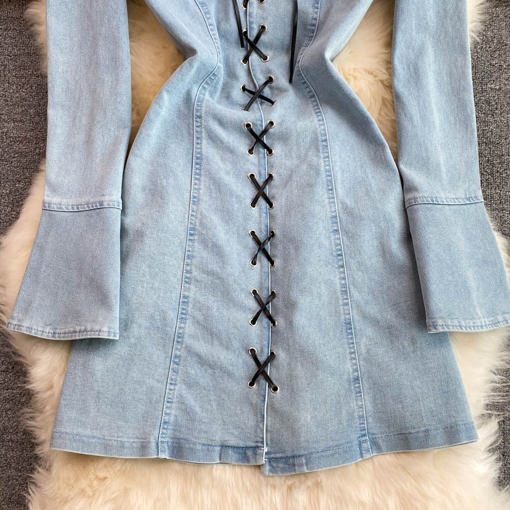 Fashionable Lace-up A Line Denim Dress Fashion Dress RF0139