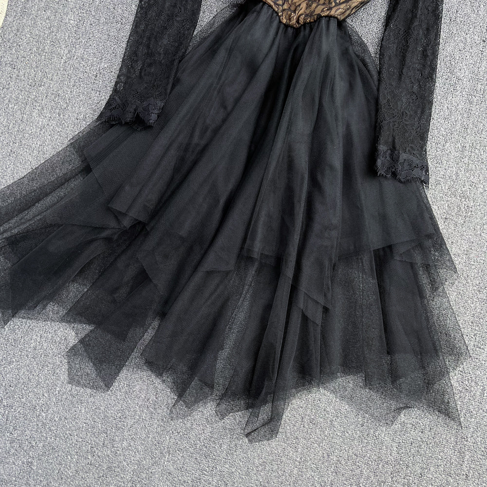 Simple Irregular Lace Dress Long Sleeve Fashion Dress RF0138