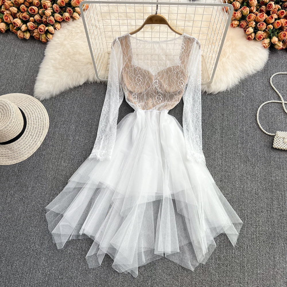Simple Irregular Lace Dress Long Sleeve Fashion Dress RF0138