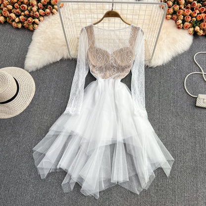 Simple Irregular Lace Dress Long Sleeve Fashion Dress RF0138
