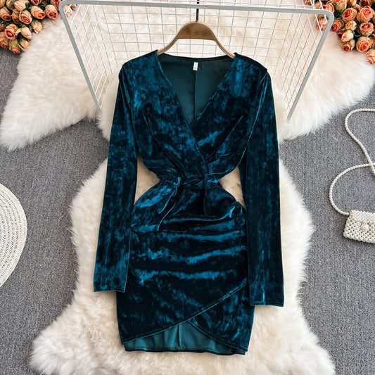 Sexy V neck Velvet Short Dress Fashion Dress RF0137