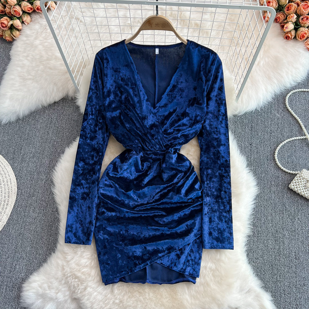 Sexy V neck Velvet Short Dress Fashion Dress RF0137