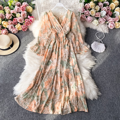 Simple V Neck Floral Dress A Line Fashion Dress RF0135