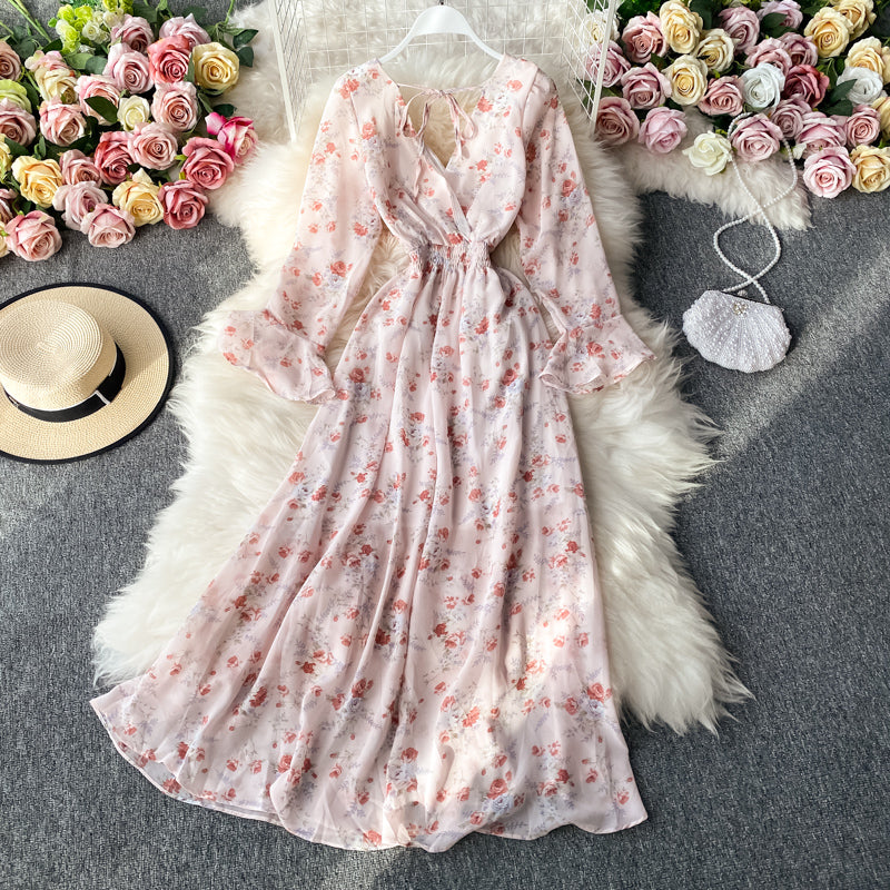 Simple V Neck Floral Dress A Line Fashion Dress RF0135