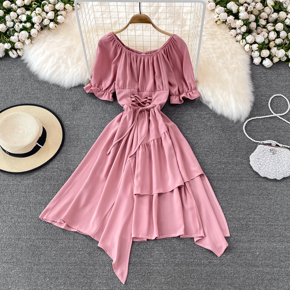 Simple Lace-up Dress With Irregular Dress RF0134