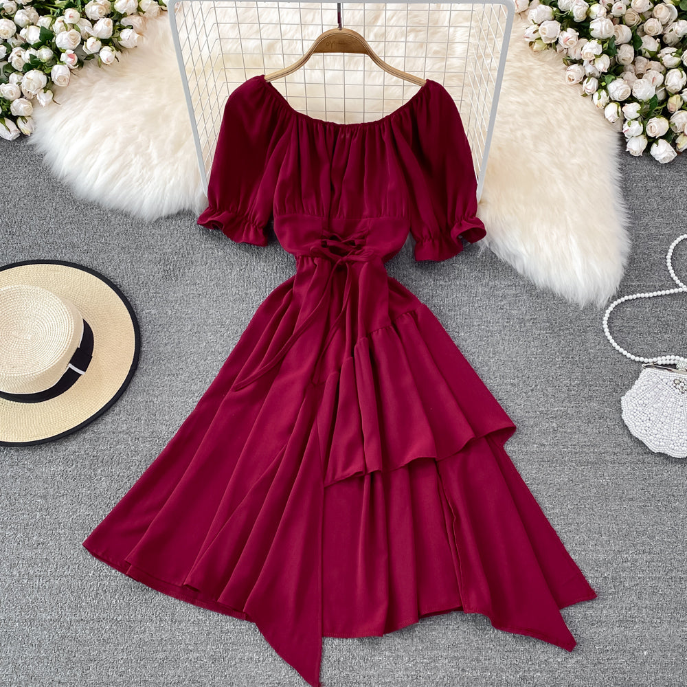 Simple Lace-up Dress With Irregular Dress RF0134