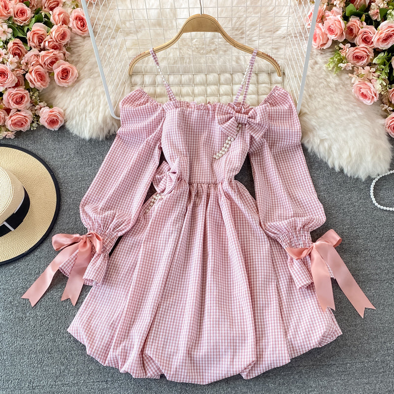 Cute Checkered Bow Long Sleeve Dress Fashion Dress RF0132