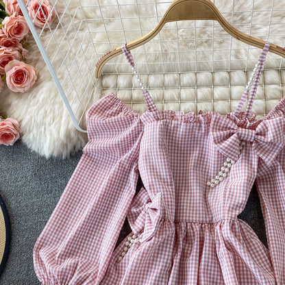 Cute Checkered Bow Long Sleeve Dress Fashion Dress RF0132