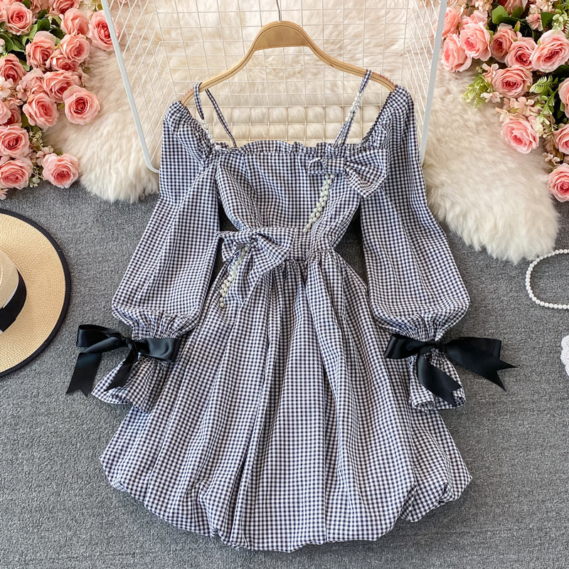 Cute Checkered Bow Long Sleeve Dress Fashion Dress RF0132