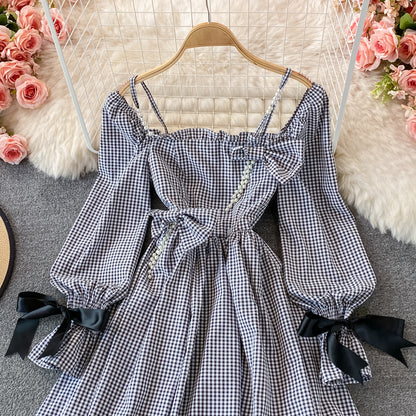 Cute Checkered Bow Long Sleeve Dress Fashion Dress RF0132