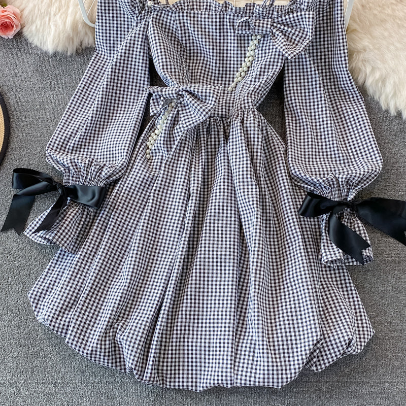 Cute Checkered Bow Long Sleeve Dress Fashion Dress RF0132