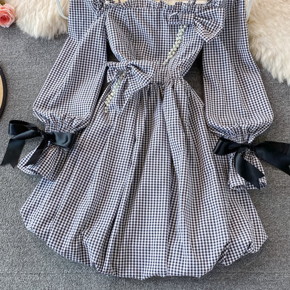 Cute Checkered Bow Long Sleeve Dress Fashion Dress RF0132