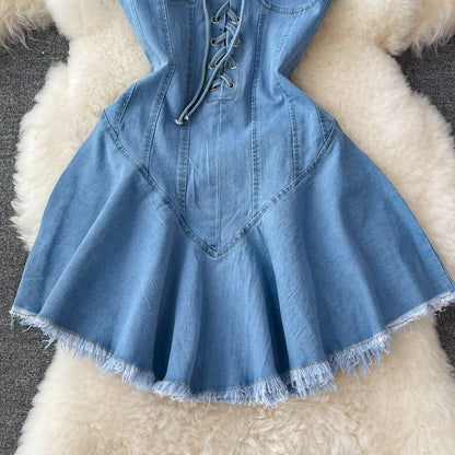 Cute Lace-up Denim Dress A Line Fashion Dress RF0131
