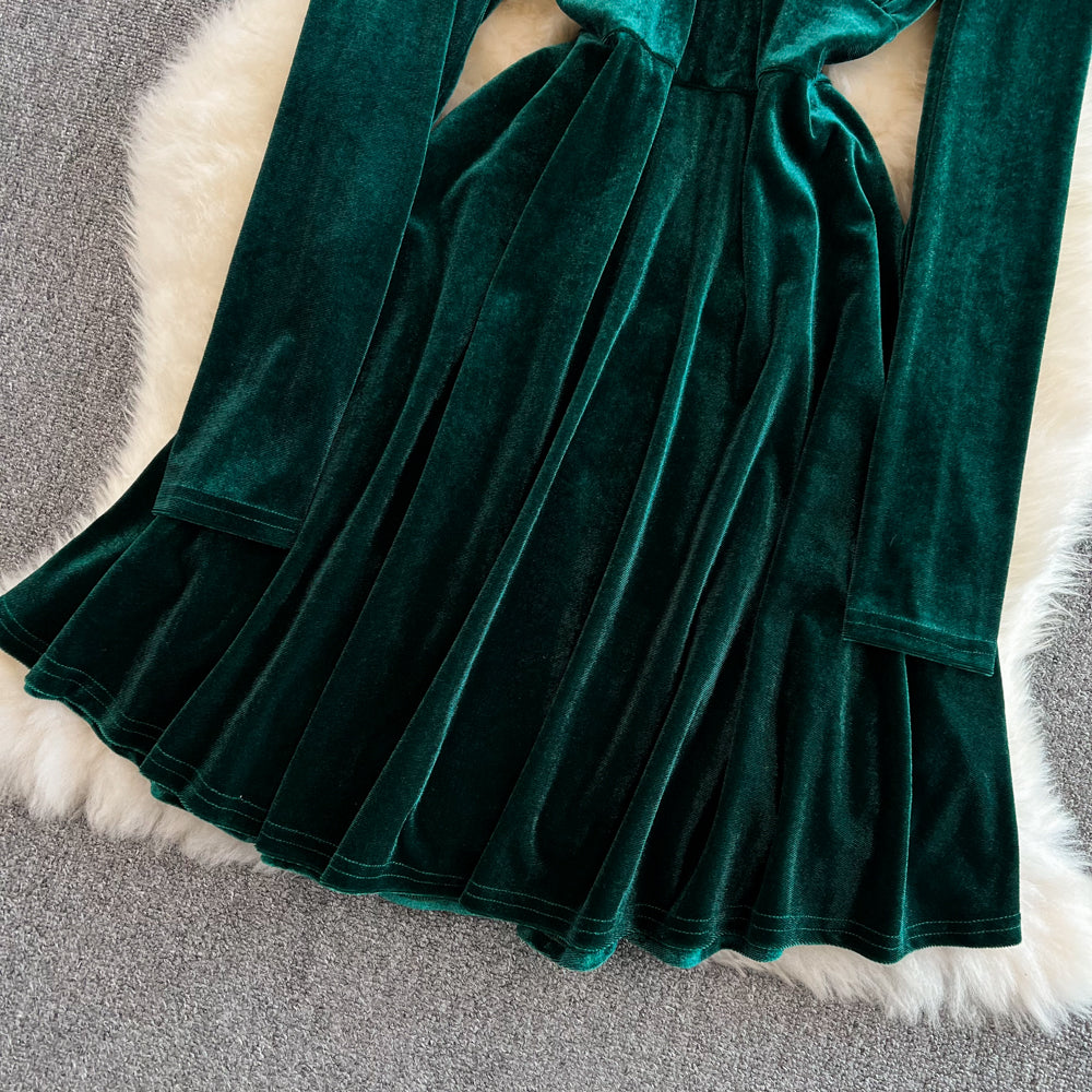 Süßes A-Linien-Kleid mit V-Ausschnitt, langen Ärmeln und kurzem Kleid, modisches Kleid RF0130