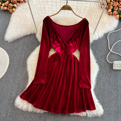 Süßes A-Linien-Kleid mit V-Ausschnitt, langen Ärmeln und kurzem Kleid, modisches Kleid RF0130