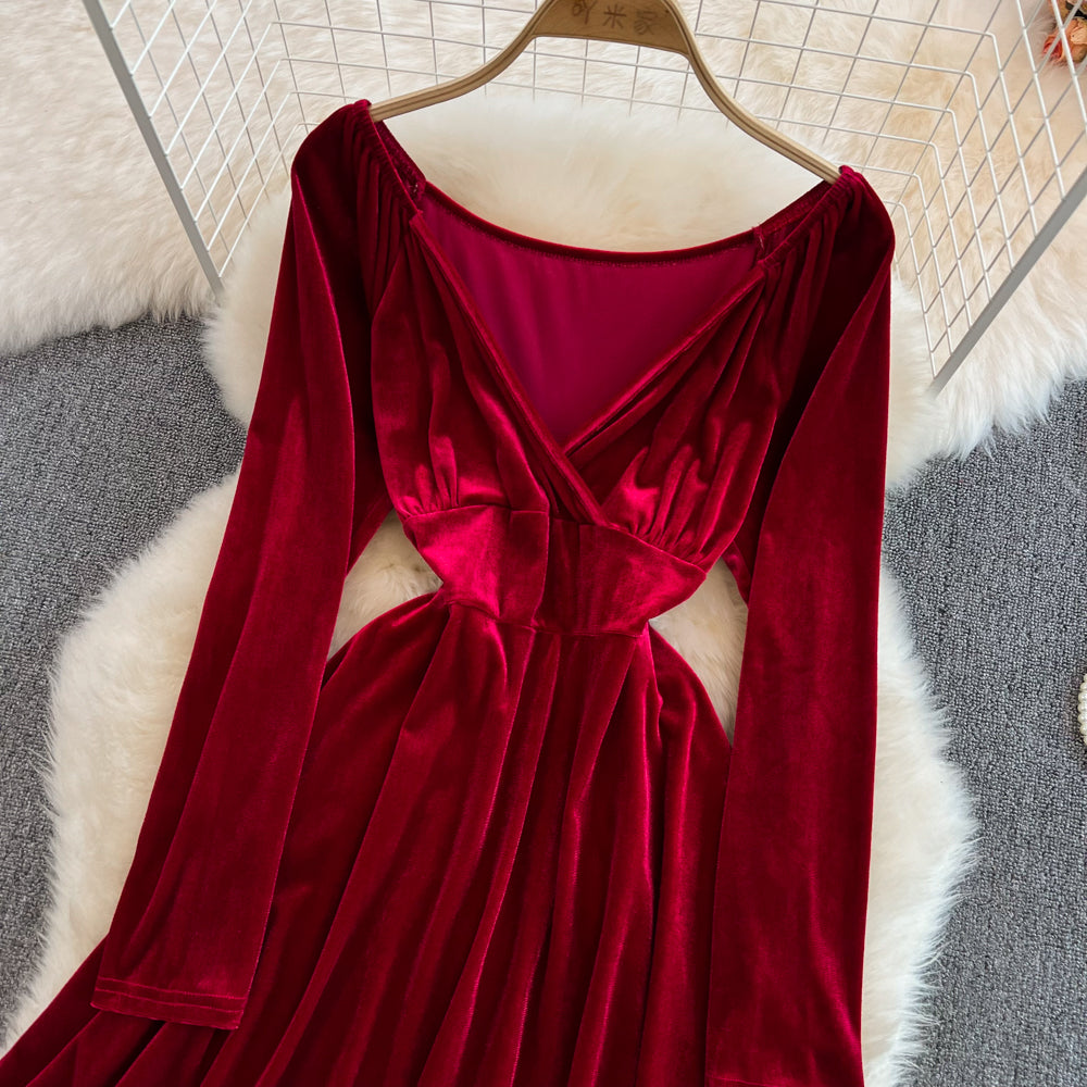 Süßes A-Linien-Kleid mit V-Ausschnitt, langen Ärmeln und kurzem Kleid, modisches Kleid RF0130