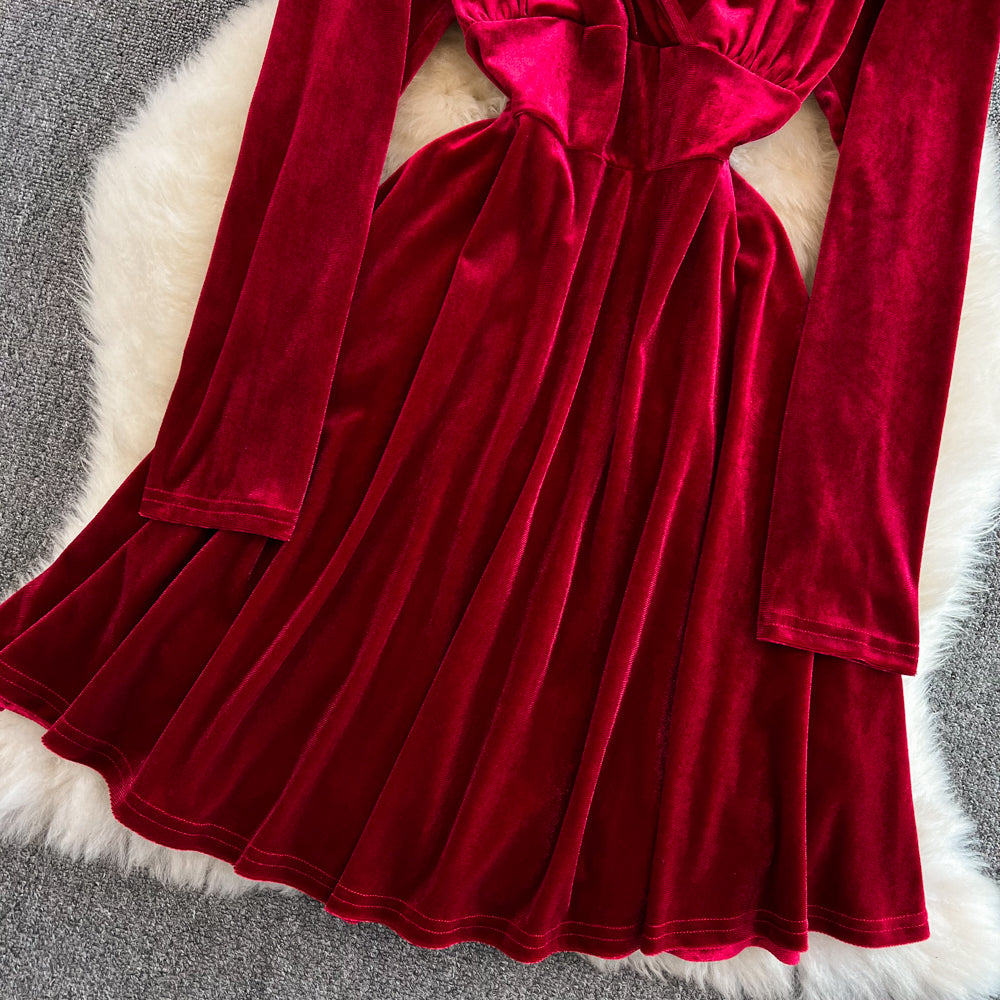 Süßes A-Linien-Kleid mit V-Ausschnitt, langen Ärmeln und kurzem Kleid, modisches Kleid RF0130