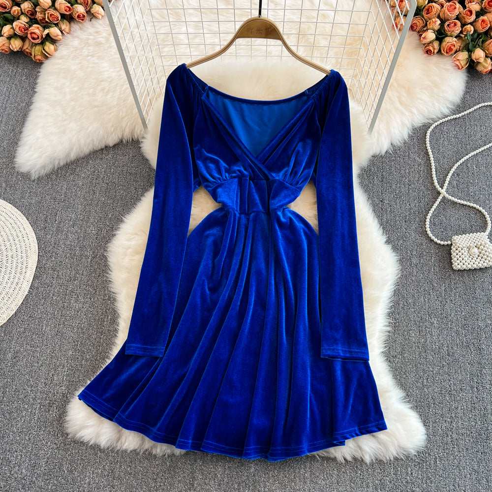 Süßes A-Linien-Kleid mit V-Ausschnitt, langen Ärmeln und kurzem Kleid, modisches Kleid RF0130
