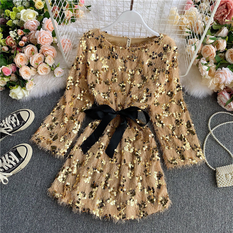 Süße Pailletten Kurzes Kleid Langarm Mode Kleid RF0120