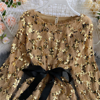 Süße Pailletten Kurzes Kleid Langarm Mode Kleid RF0120