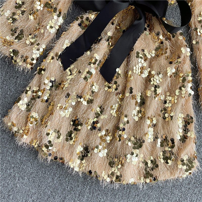 Süße Pailletten Kurzes Kleid Langarm Mode Kleid RF0120