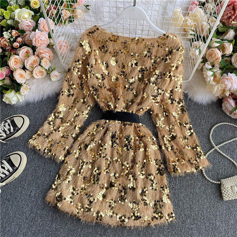 Süße Pailletten Kurzes Kleid Langarm Mode Kleid RF0120