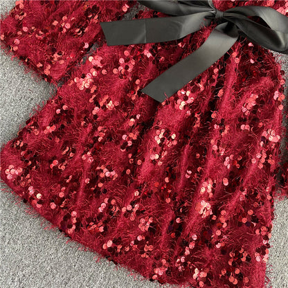 Süße Pailletten Kurzes Kleid Langarm Mode Kleid RF0120