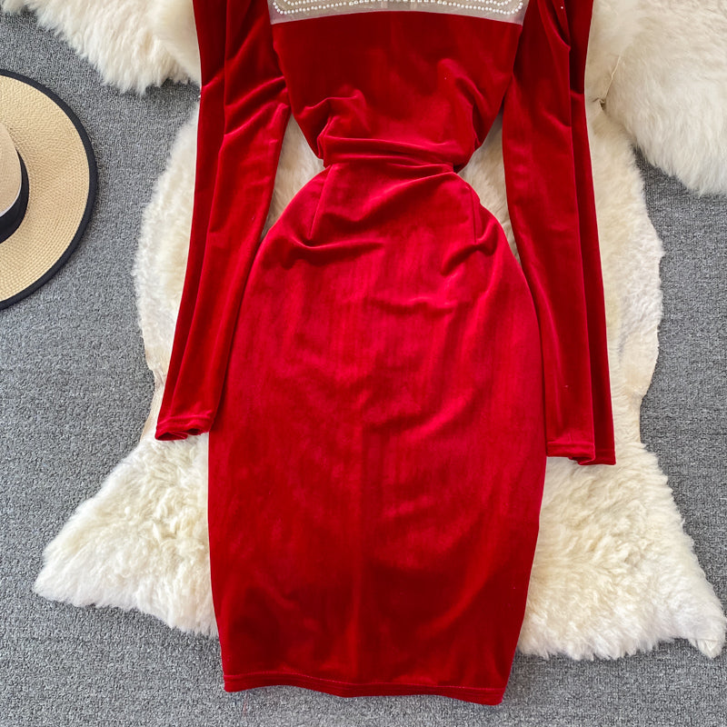 Süßes Langarmkleid aus Samt, modisches Kleid RF0119