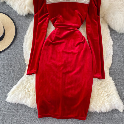 Süßes Langarmkleid aus Samt, modisches Kleid RF0119