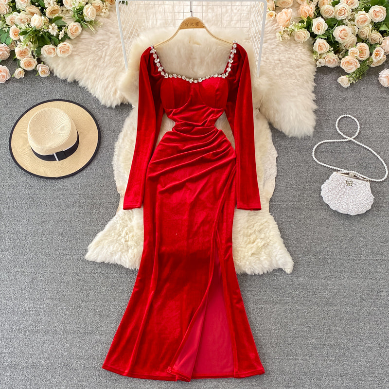 Elegant Velvet Long Sleeve Dress Fashion Dress RF0115