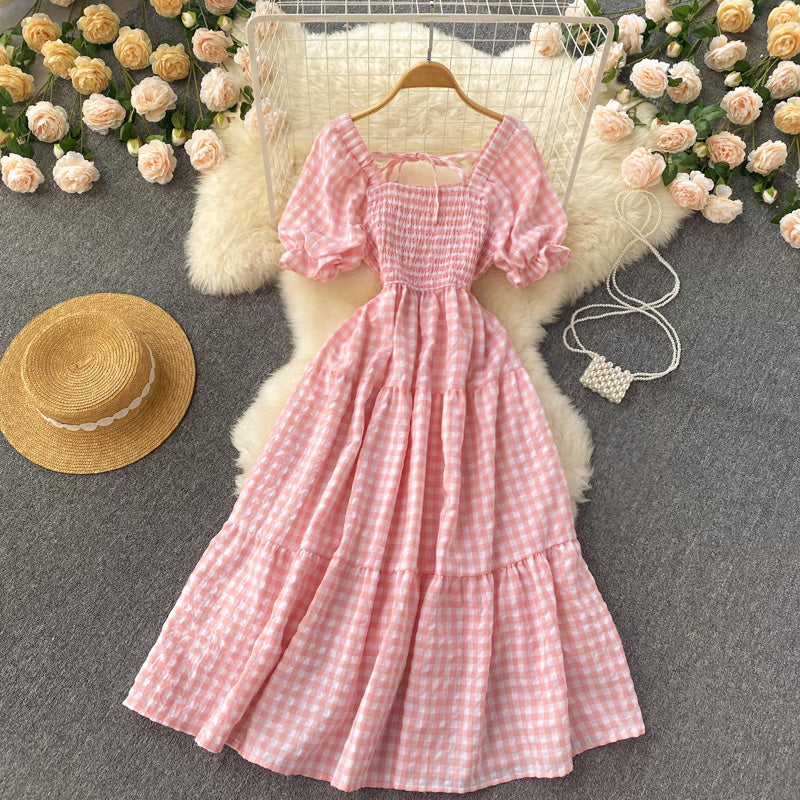 Sweet Plaid Short Sleeve Dress A Line Fashion Dress RF0113