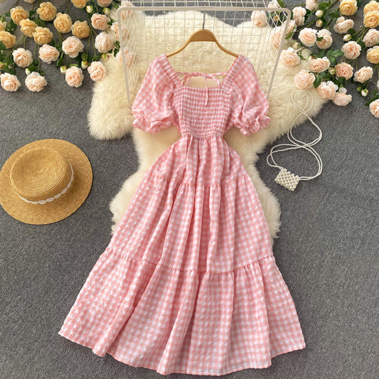 Sweet Plaid Short Sleeve Dress A Line Fashion Dress RF0113
