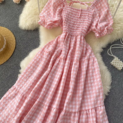 Sweet Plaid Short Sleeve Dress A Line Fashion Dress RF0113