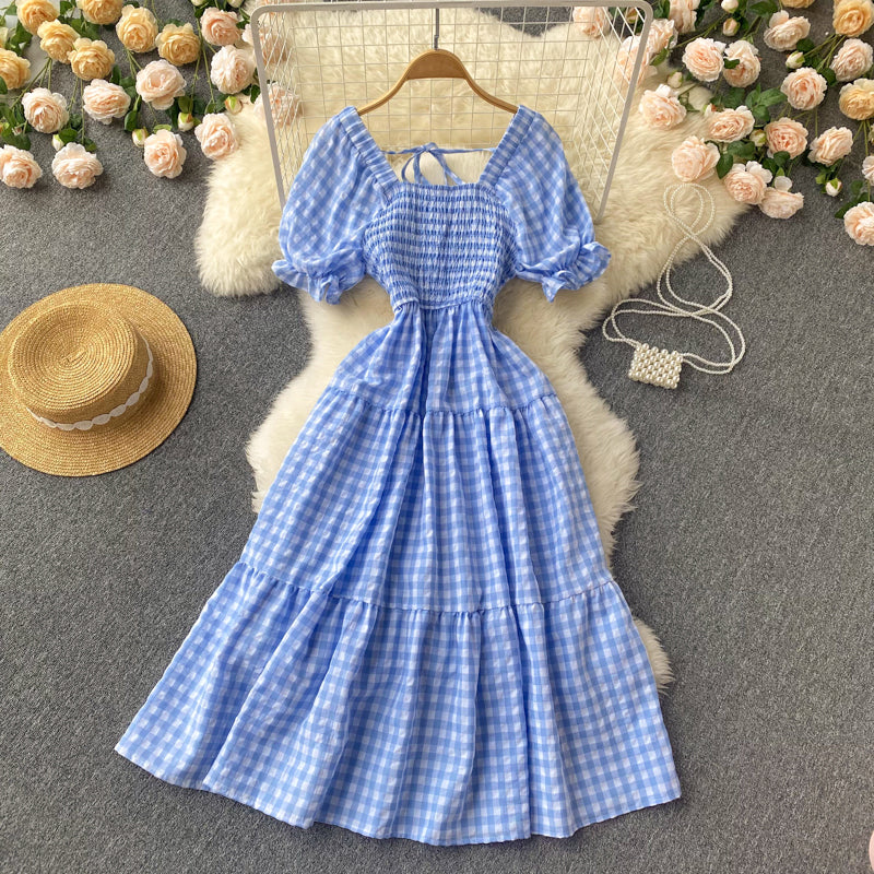 Sweet Plaid Short Sleeve Dress A Line Fashion Dress RF0113