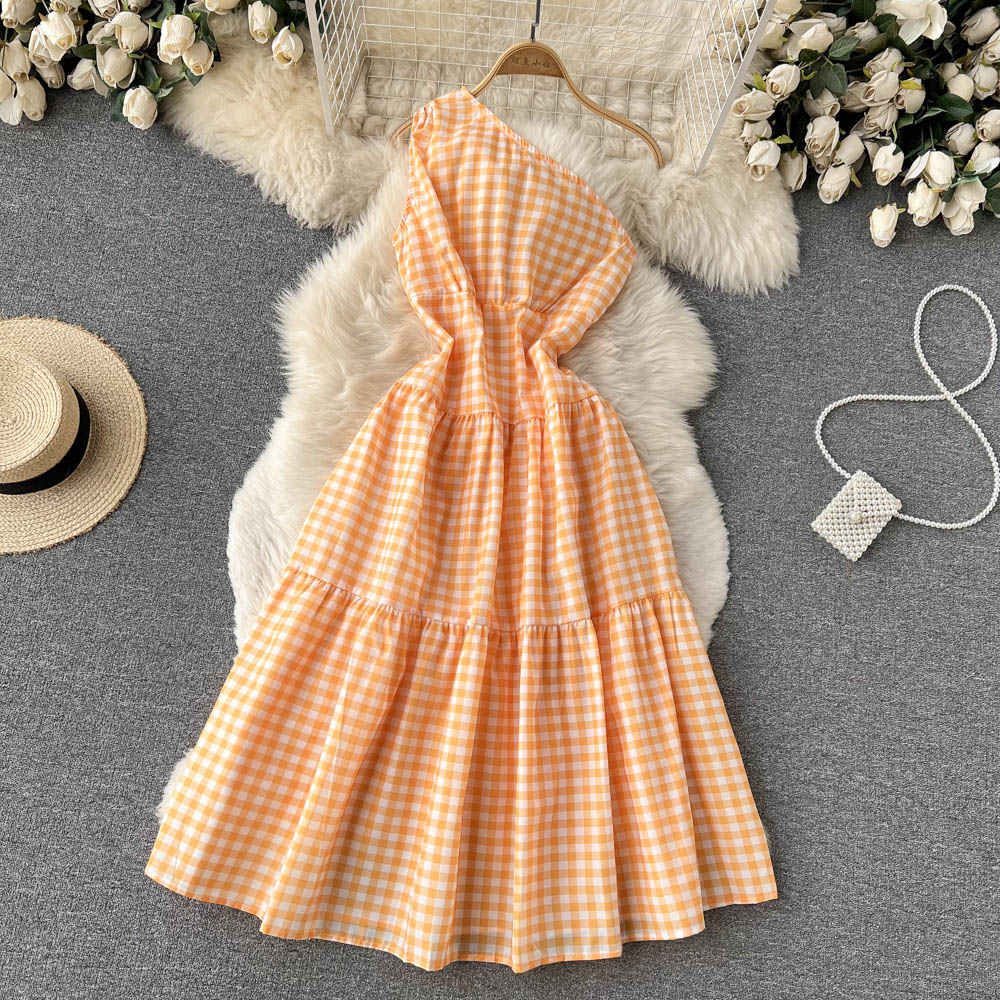 Sweet Plaid One-shoulder Dress A Line Fashion Dresses RF0111