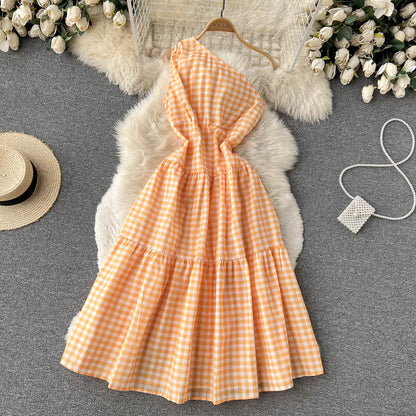 Sweet Plaid One-shoulder Dress A Line Fashion Dresses RF0111