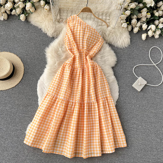 Sweet Plaid One-shoulder Dress A Line Fashion Dresses RF0111
