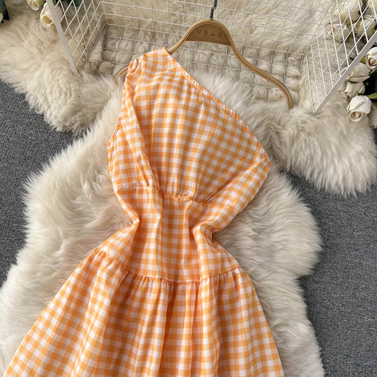 Sweet Plaid One-shoulder Dress A Line Fashion Dresses RF0111