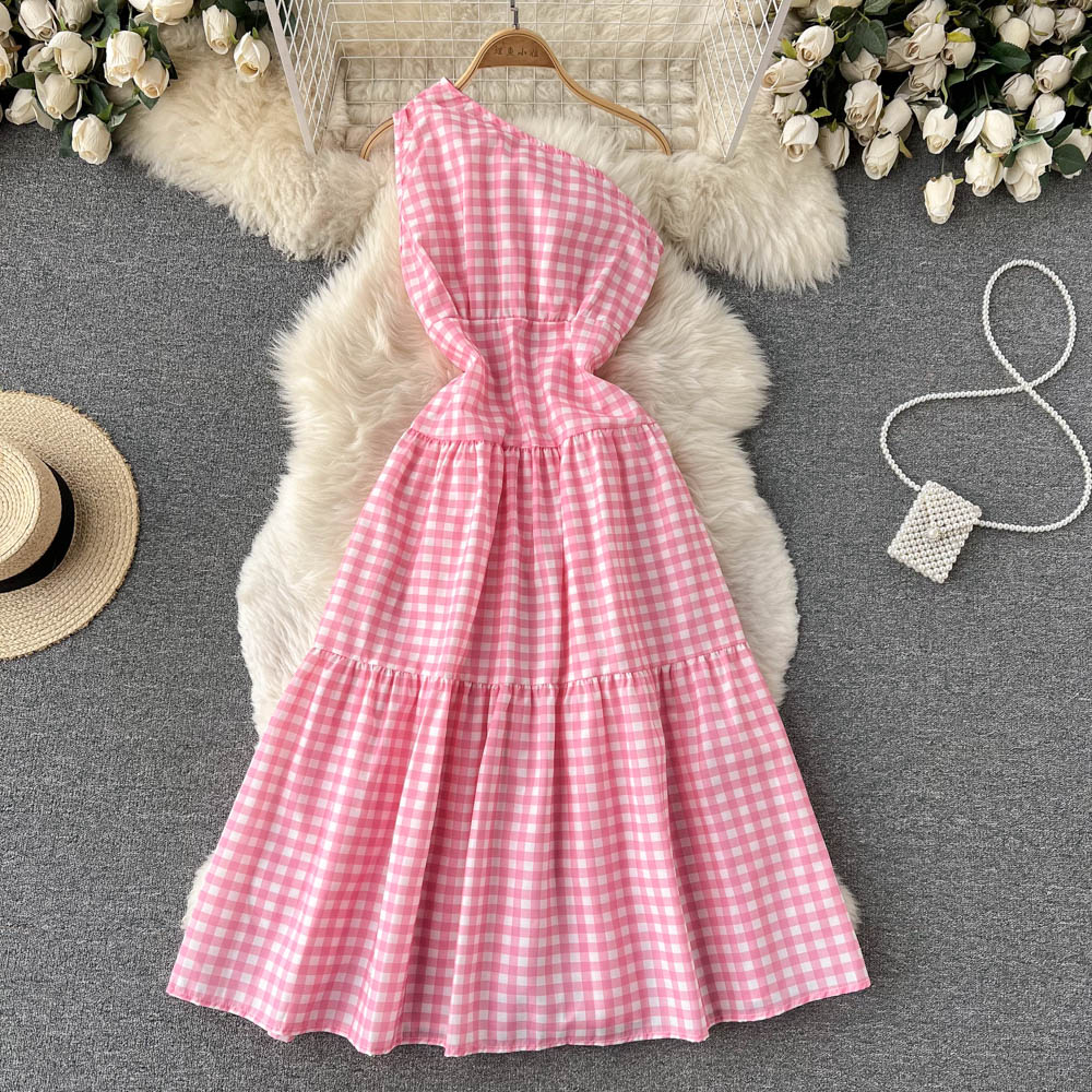 Sweet Plaid One-shoulder Dress A Line Fashion Dresses RF0111
