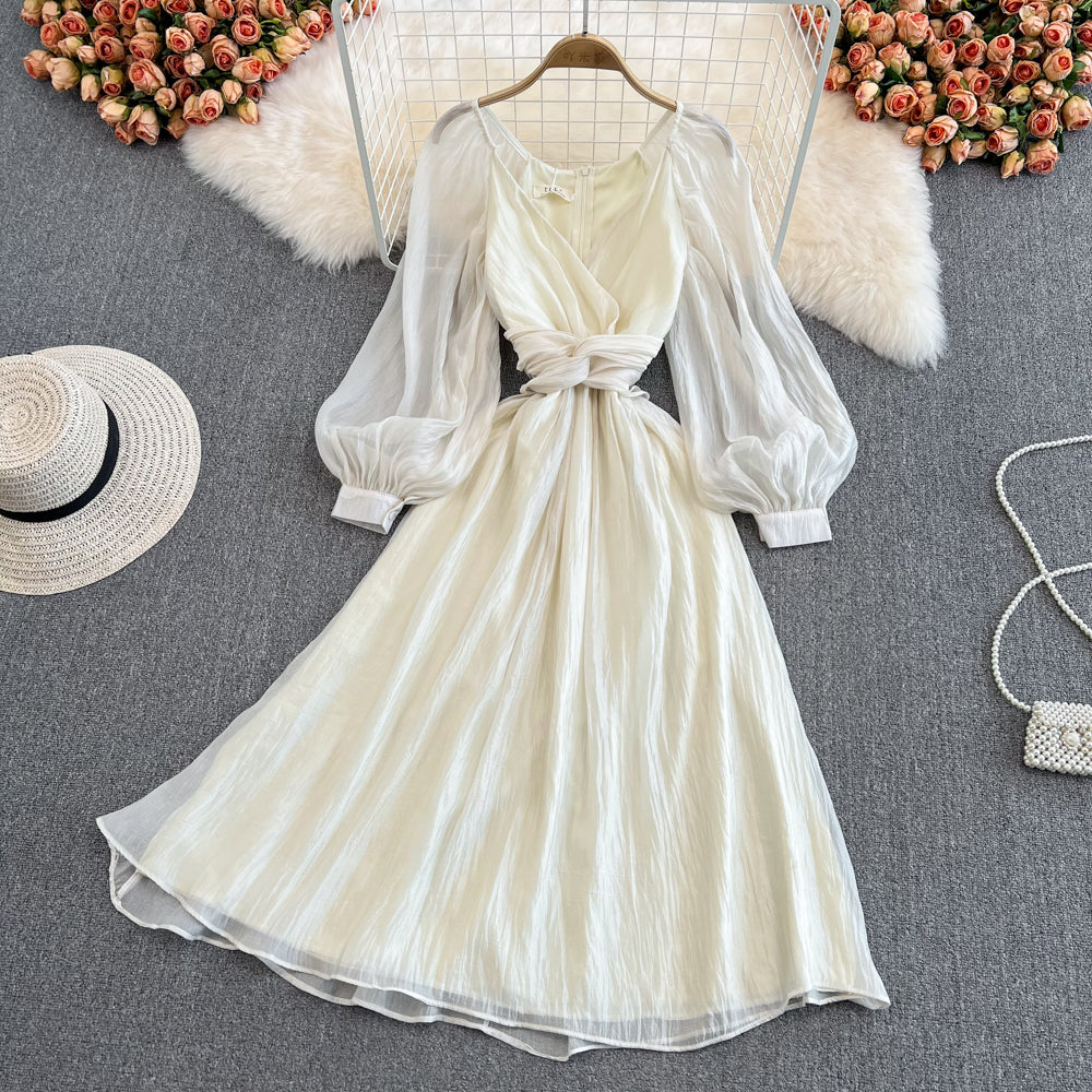 Champagne V Neck Long Sleeve Dress A Line Fashion Dress RF0108