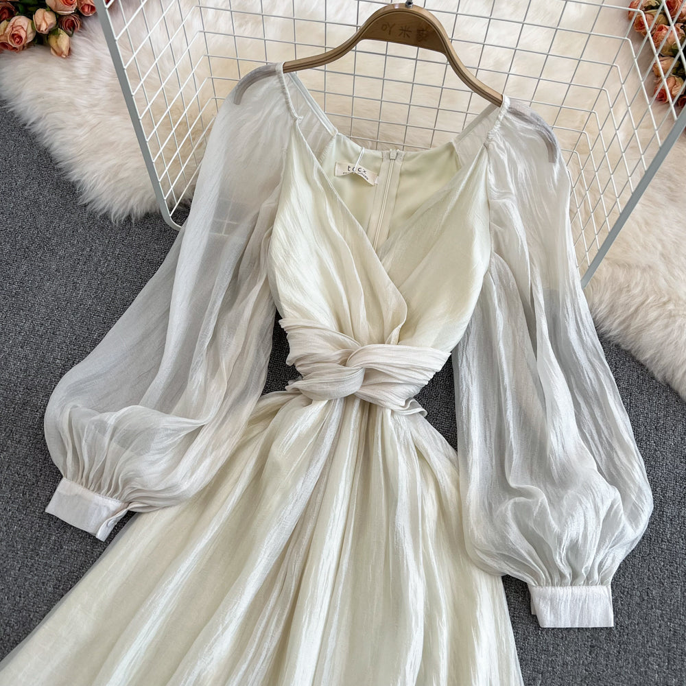 Champagne V Neck Long Sleeve Dress A Line Fashion Dress RF0108