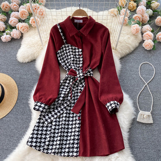 Stylish Houndstooth Contrast Long Sleeve Dress RF0107