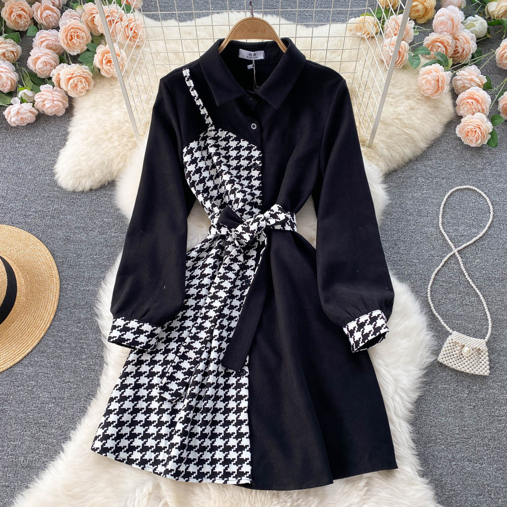 Stilvolles Langarmkleid mit Hahnentrittmuster und Kontrast RF0107