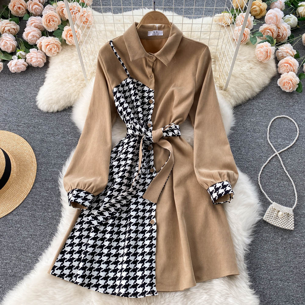 Stilvolles Langarmkleid mit Hahnentrittmuster und Kontrast RF0107