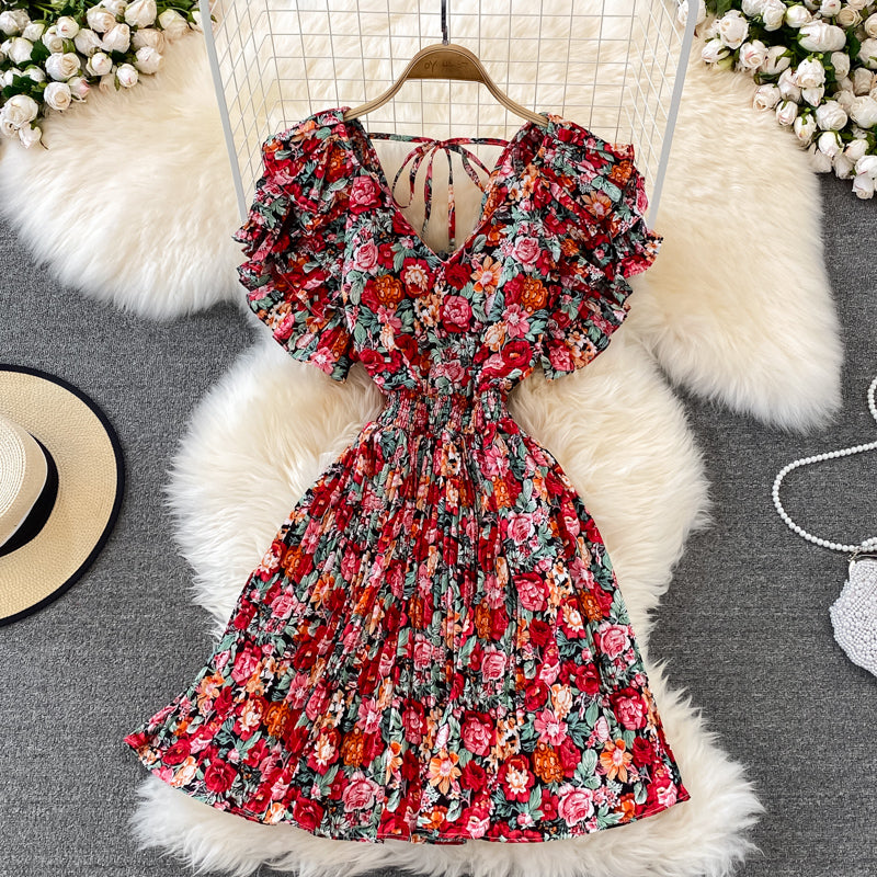 Cute V Neck Floral Dress A Line Short Dress RF0105