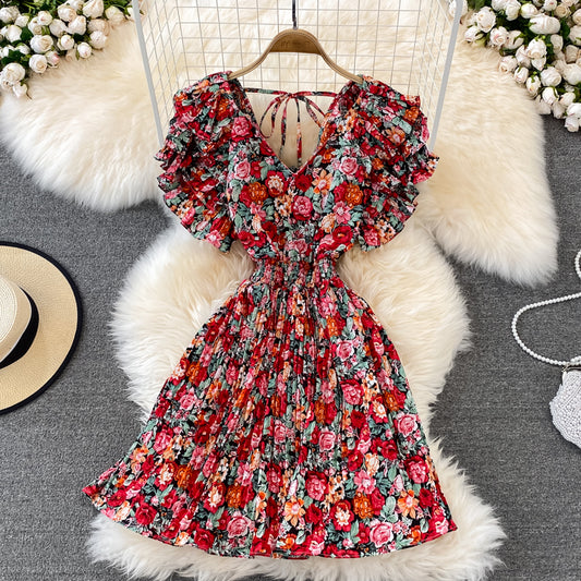 Cute V Neck Floral Dress A Line Short Dress RF0105
