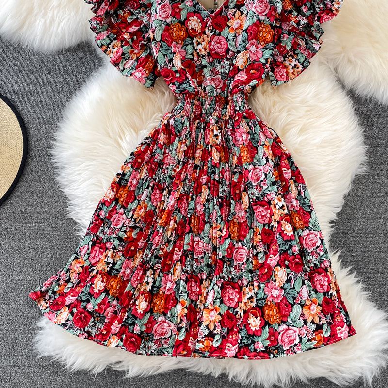 Cute V Neck Floral Dress A Line Short Dress RF0105