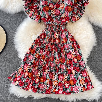 Cute V Neck Floral Dress A Line Short Dress RF0105