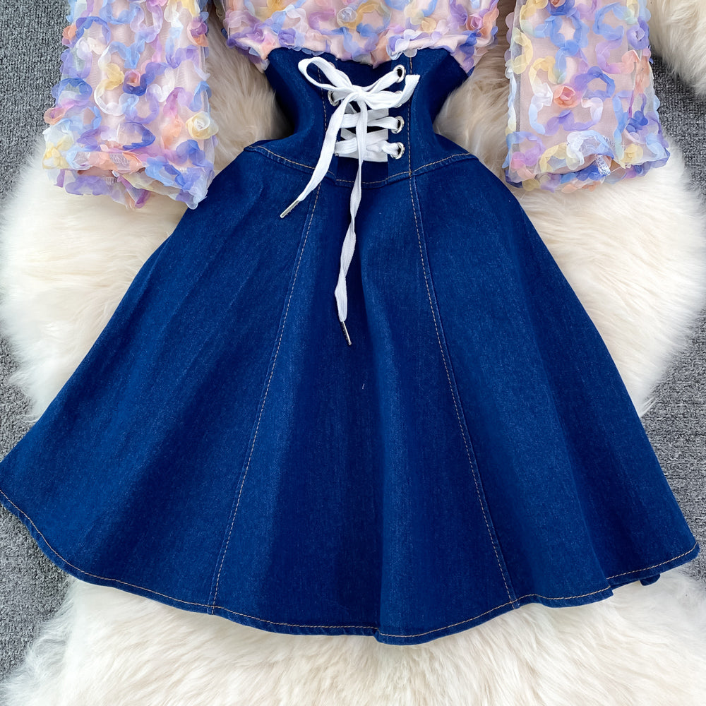 Cute Denim Chiffon Panel Dress RF0099
