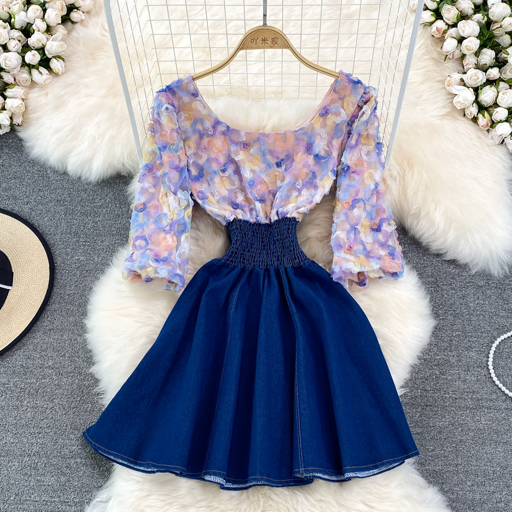 Cute Denim Chiffon Panel Dress RF0099